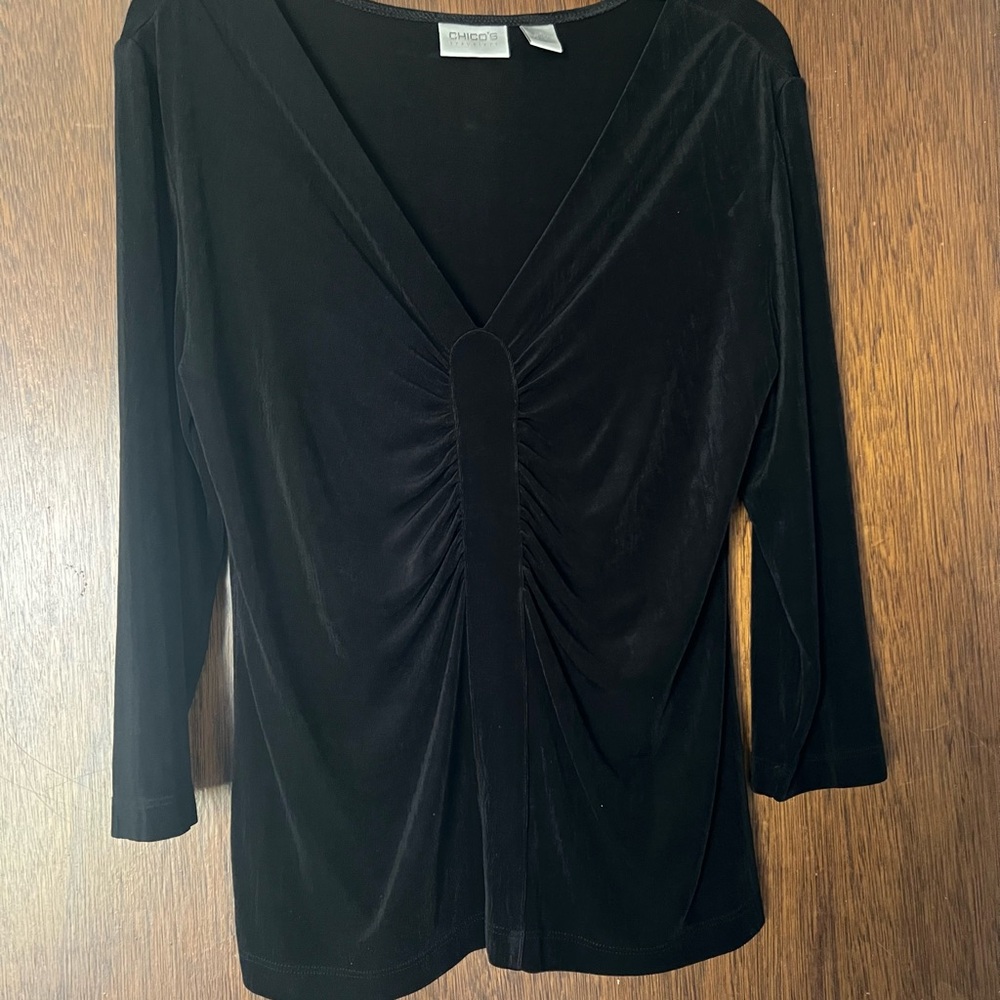 Chico's Travelers top Black  V-Neck Ruched Long Sleeve Top